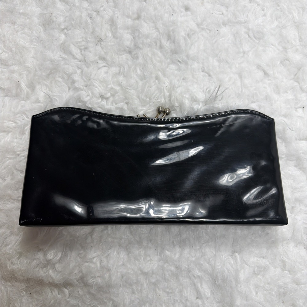 Vintage 80's Black Kiss Lock Evening Bag Clutch Oblong Rectangle Patent Leather